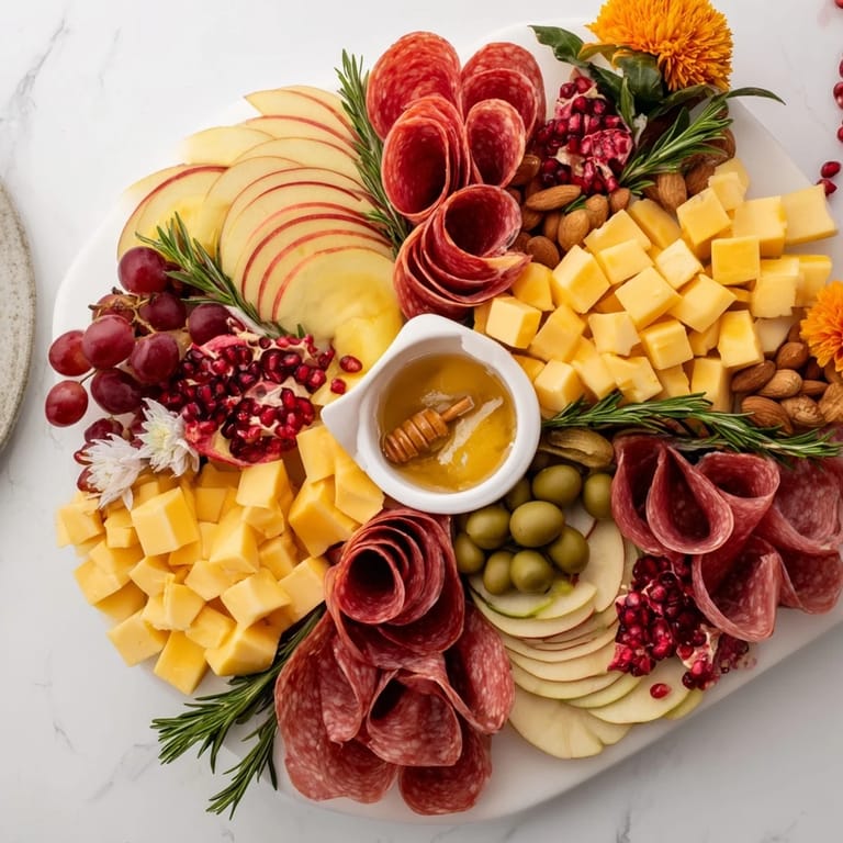 A delicious Holiday Bow Appetizer Platter showcasing colorful cheeses, salami, and grapes ready to serve.