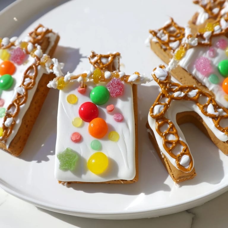 A close-up of a festive gingerbread house decorating kit with detailed homemade gingerbread cookie panels.