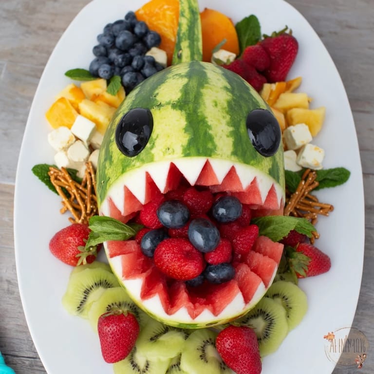 This charming Watermelon Wave Shark Snack Board reveals a whimsical, inviting arrangement of fresh fruits.