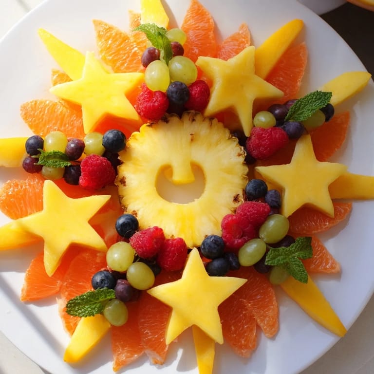 Freshly arranged Summer Rays Sun-Shaped Fruit Tray, featuring oranges, grapes, and a sunny pineapple face.