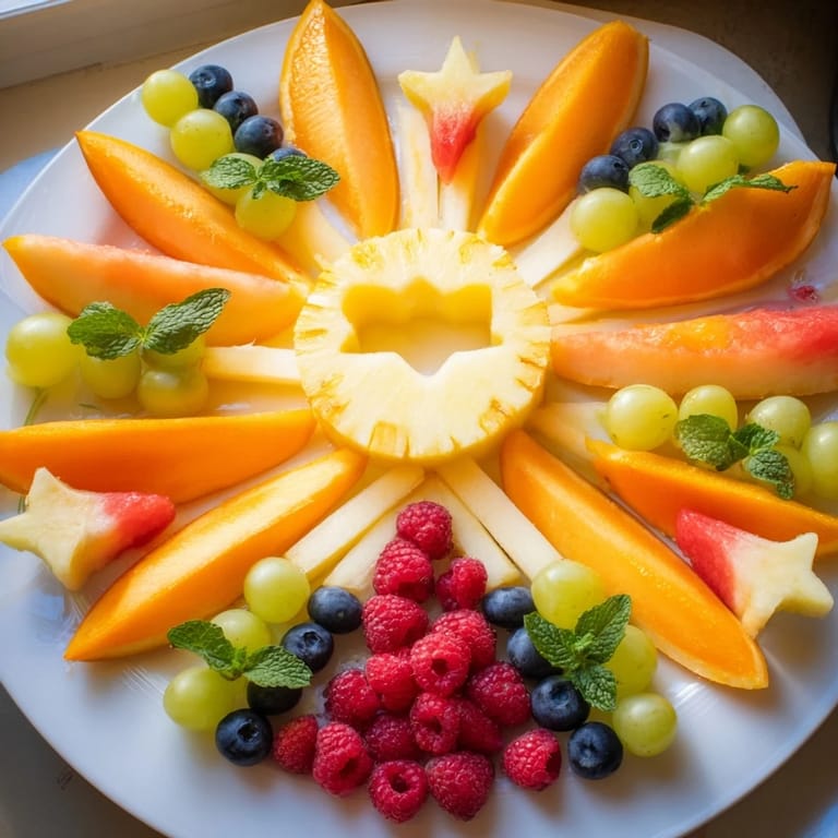 Enjoy a refreshing, healthy Summer Rays Sun-Shaped Fruit Tray, perfect for sharing at a summer gathering.