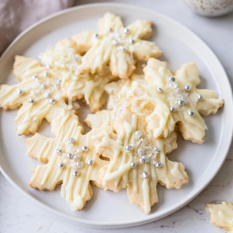 Close-up of freshly baked Winter Snowflake Platter desserts, drizzled in white chocolate for a beautiful presentation.