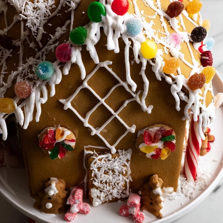 This gingerbread house recipe's finished beauty bursts with vibrant candies and a snowy sugary roof.
