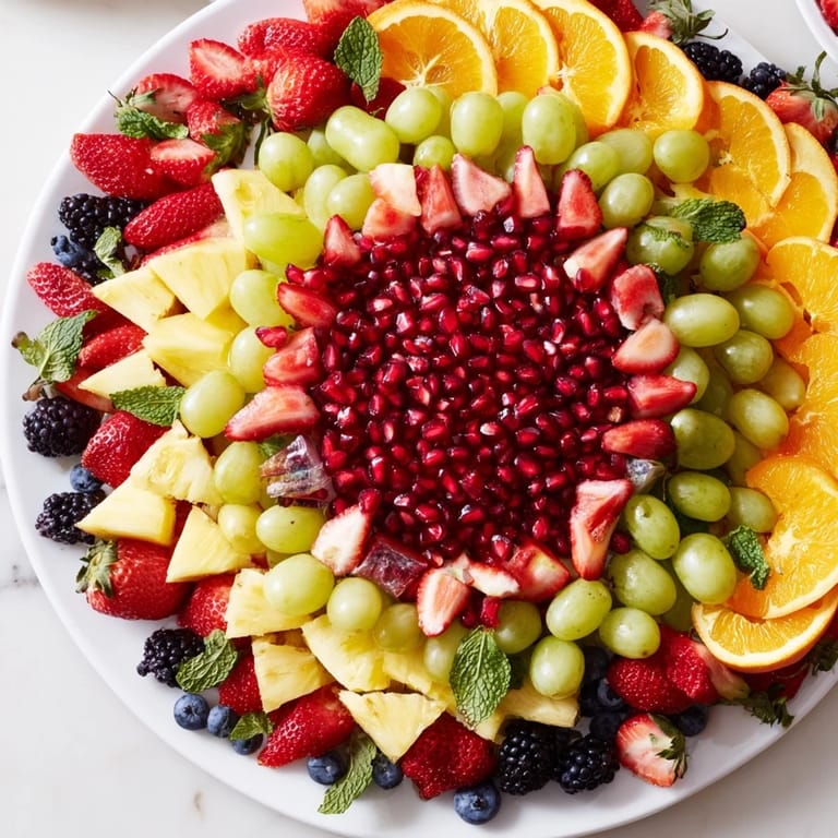 Close-up of a festive Pomegranate Starburst Platter with juicy fruits, perfect for sharing.