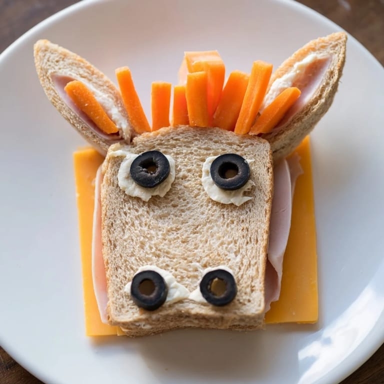 Quick-to-make Horse Head Sandwich cutouts, ready to eat, with colorful toppings for kids to enjoy.