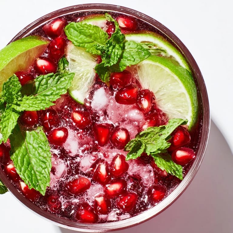Vibrant red pomegranate and mint wreath punch, a refreshing beverage perfect for a holiday party.