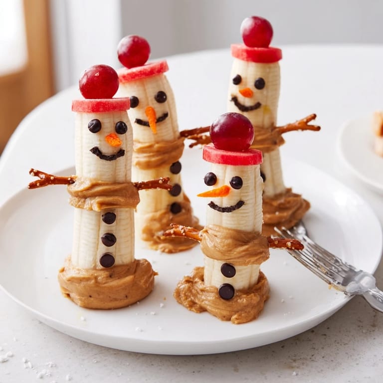 Quick and easy festive Banana Peanut Butter Snowmen snack with colorful fruit hats, so fun!