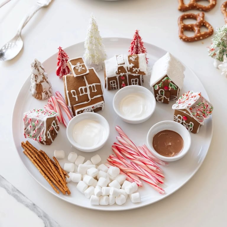 Homemade Gingerbread Village: a sweet dessert board featuring decorated gingerbread cookies, dips, and sweets, visually delightful.