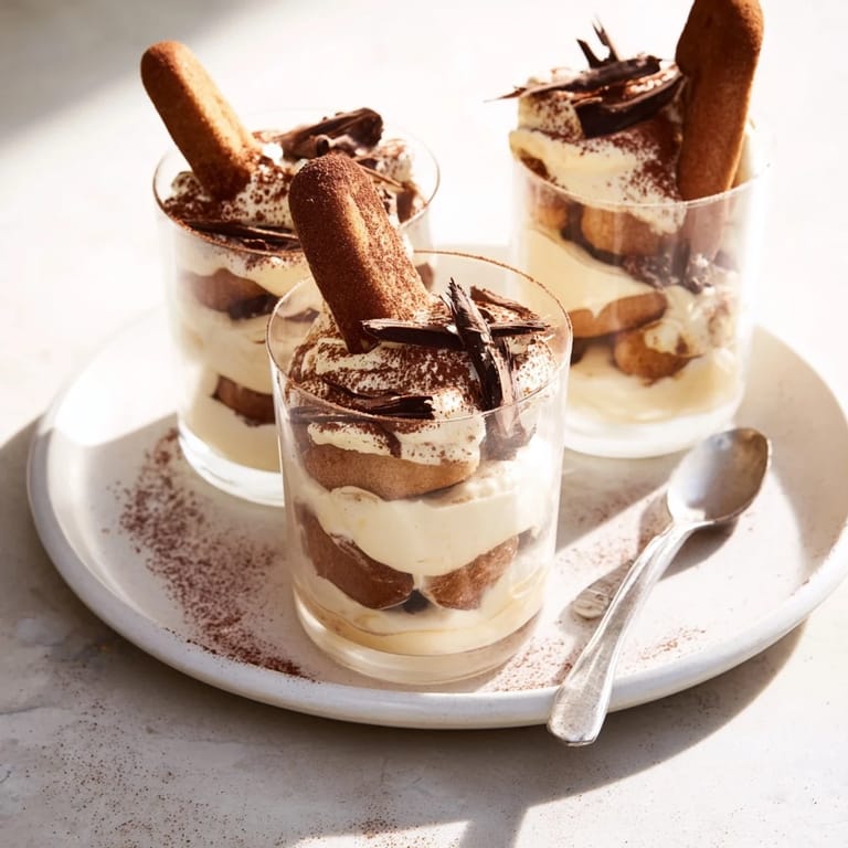 Tiny shot glasses overflowing with creamy Countdown Tiramisu Shots, an elegant bite-sized Italian dessert.