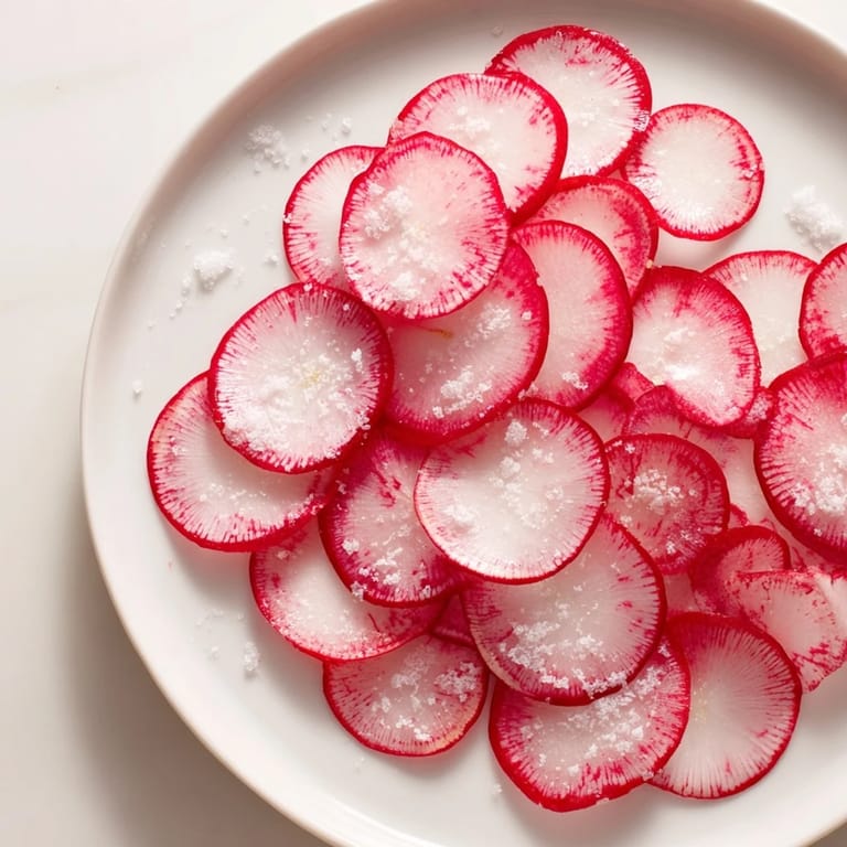 Thinly cut radish slices, sprinkled with sea salt, offering a crunchy and flavorful bite.