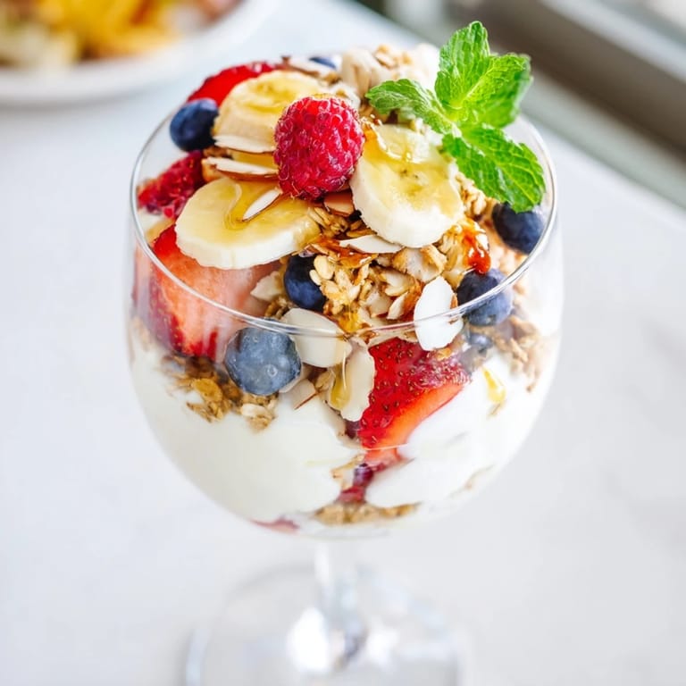 A beautiful close-up of Yogurt and Granola Parfaits, layered with fresh berries, looks delicious with every bite.