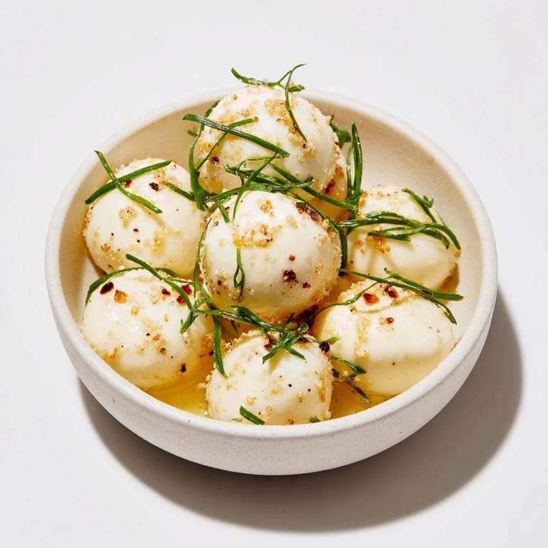 Fresh, seasoned mozzarella pearls, an easy appetizer, chilled and drizzled with olive oil.