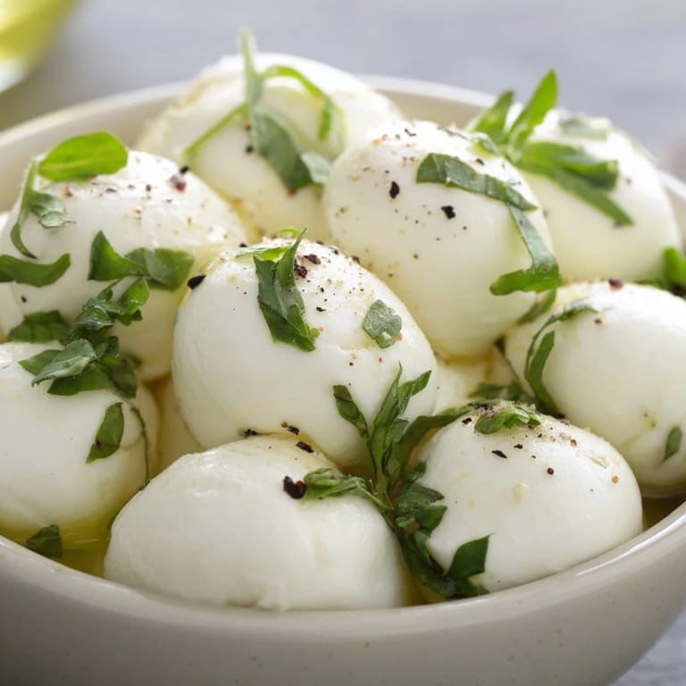 Delicious mozzarella pearls, served in a small bowl, perfect for a quick and savory snack.