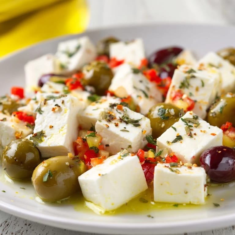 Marinated Holiday Mix with olives and feta, glistening in olive oil, ready for a festive gathering.