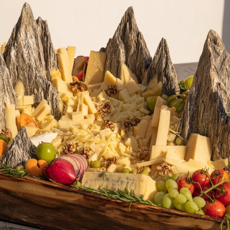 Dramatic sculptural cheese landscape, offering a creative appetizer, featuring varied cheese "mountains" and textures.