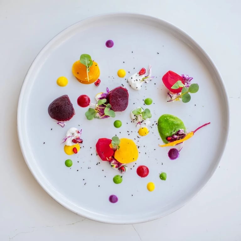 Artfully arranged The Pointillism Dot Matrix: a visually stunning plate of colorful sauces and veggies.