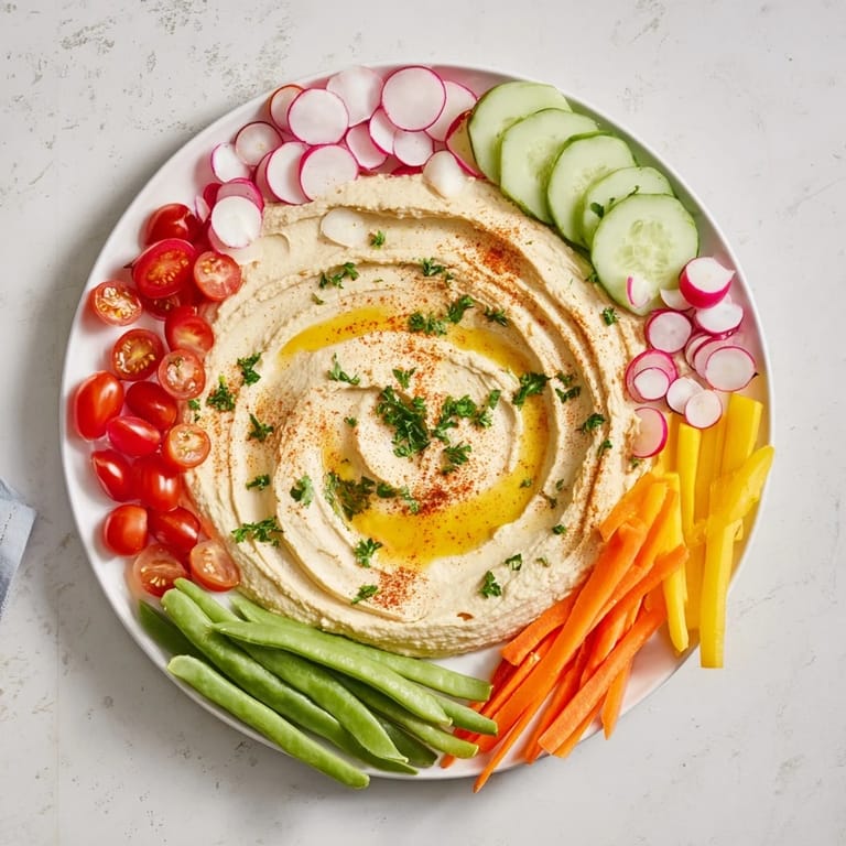 A close-up of the fresh River Delta Flow appetizer—vibrant raw veggies meet cool, creamy dip.