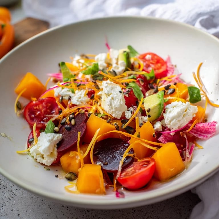 A wonderfully composed Abstract Expressionist Splash salad with many textures, drizzled with a bright dressing.