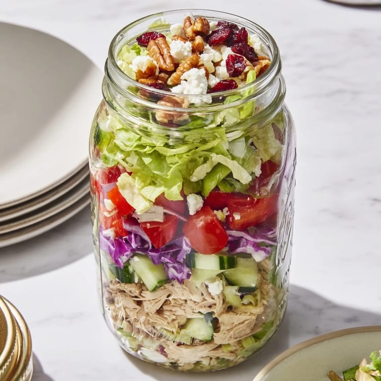 A close-up view of a layered Holiday Chopped Chicken Salad Jar showcasing beautiful, fresh ingredients and textures.