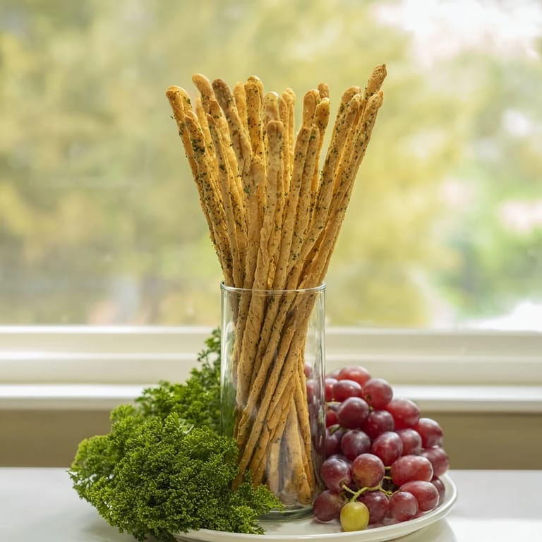 See the festive Vertical Forest: jars brimming with breadsticks, accented by grapes and fresh parsley.