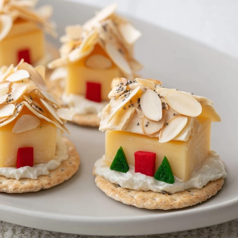Festive Alpine Village appetizer with cheese houses featuring almond roofs and creamy snowy base, ready to enjoy.