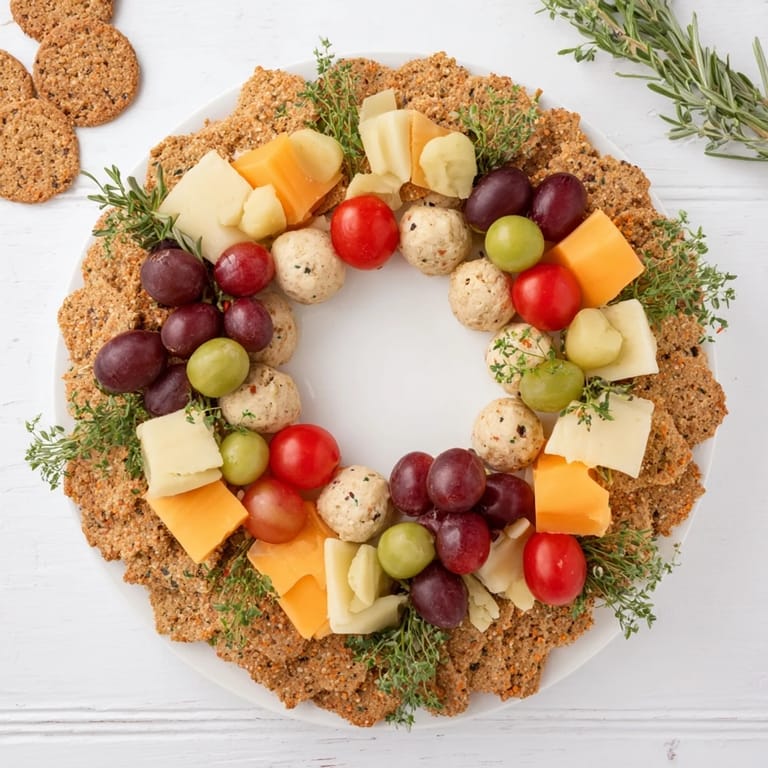 Holiday party-ready Jingle Bell Cheese & Cracker Wreath with fresh rosemary and a honey dipping sauce.