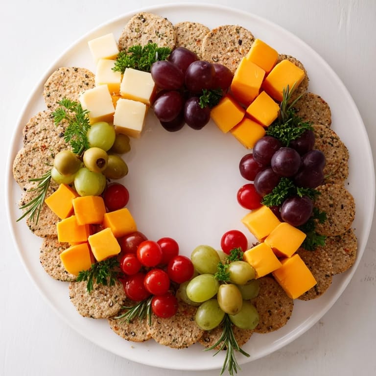 A delicious Jingle Bell Cheese & Cracker Wreath appetizer shows off cheddar, pepper jack, and olives beautifully.