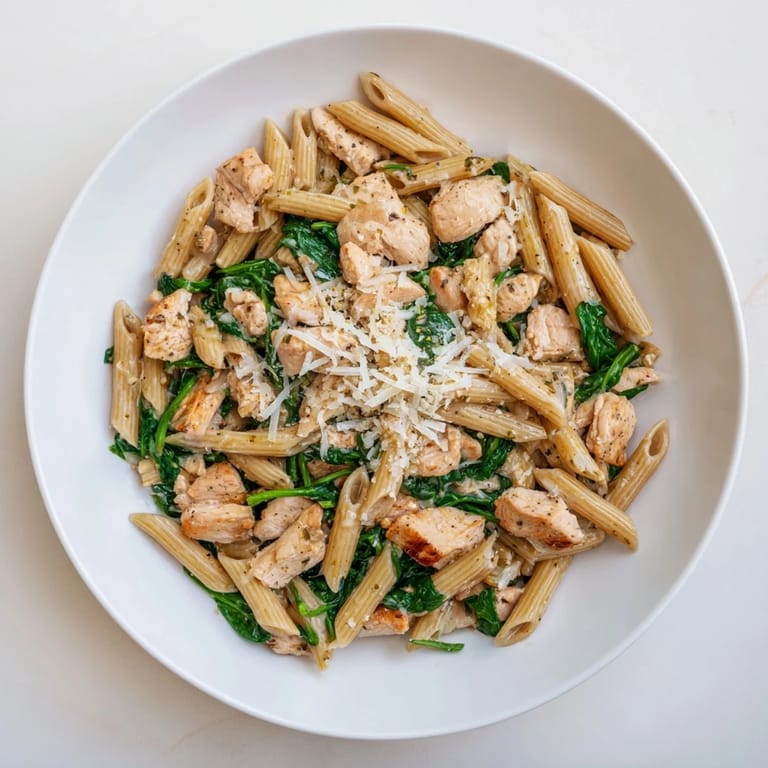 A steamy bowl of One-Pot Spinach and Chicken Pasta, with visible spinach and tender chicken pieces.