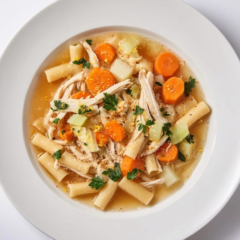 A warm, inviting photo of Chicken and Ditalini Flu Fighter Soup with tender shredded chicken.