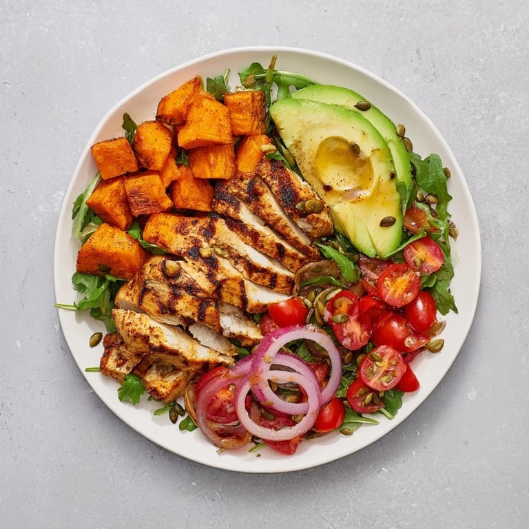 Golden roasted sweet potatoes and grilled chicken star in this healthy Avocado and Sweet Potato Chicken Bowl.