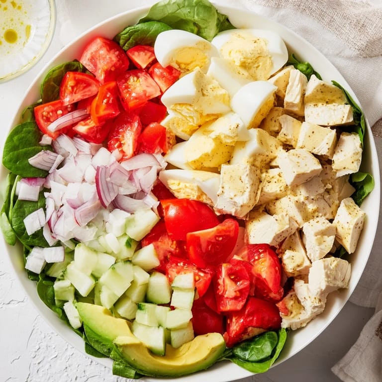 Enjoy a delightful bowl of High-Protein Chicken and Egg Salad, served chilled, packed with protein and fresh flavors.