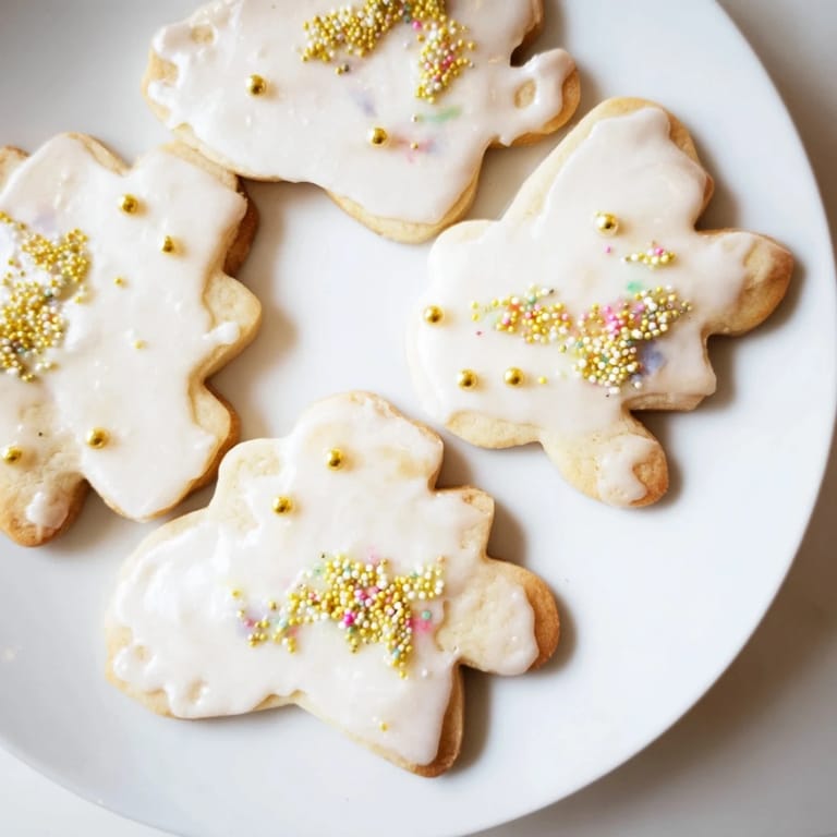 Perfectly baked, angel-shaped Biscuits Anges de Noël cookies, lightly sugared and awaiting decoration.