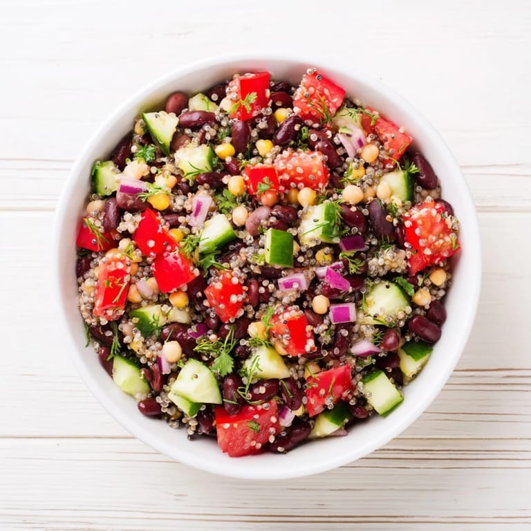 Chilled Dense Bean Salad with visible chia and hemp seeds offering texture in a bowl.