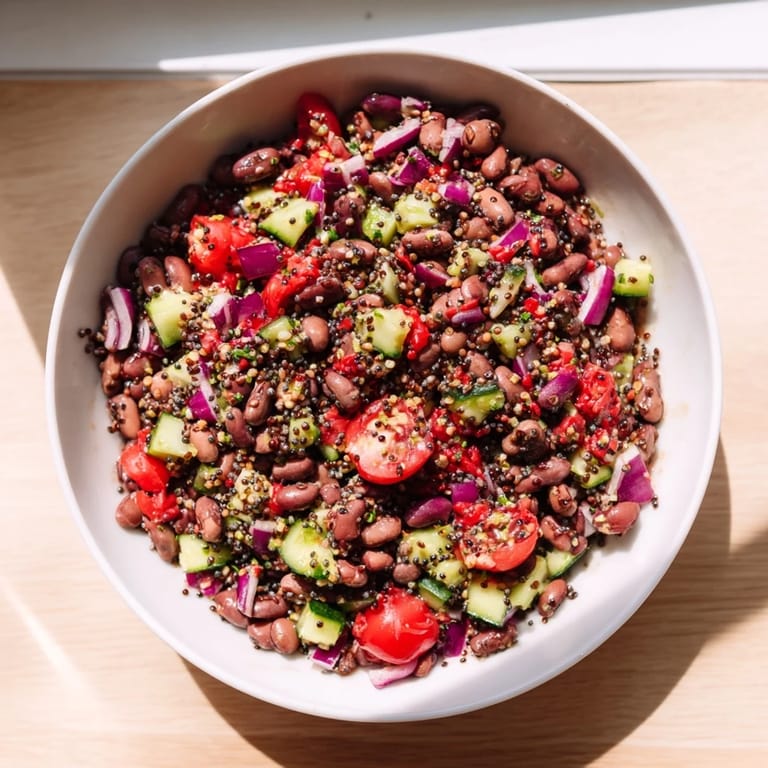Plateful of flavorful Dense Bean Salad, a vegan, gluten-free, healthy lunch option.
