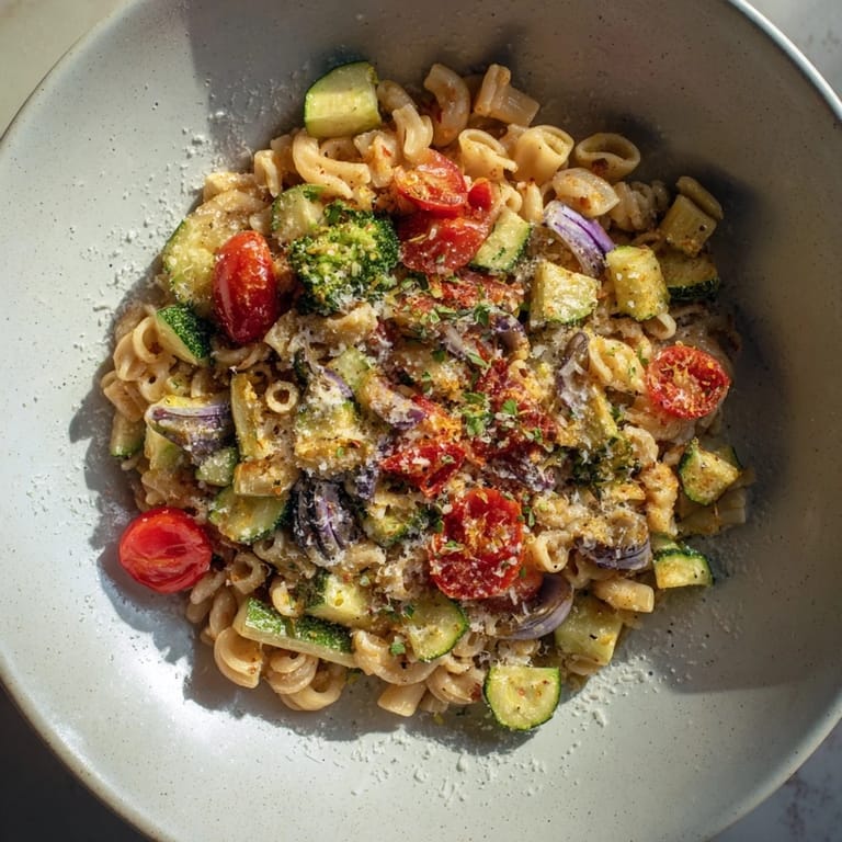 Vibrant ditalini pasta with air-fried vegetables, featuring colorful bell peppers and broccoli florets.