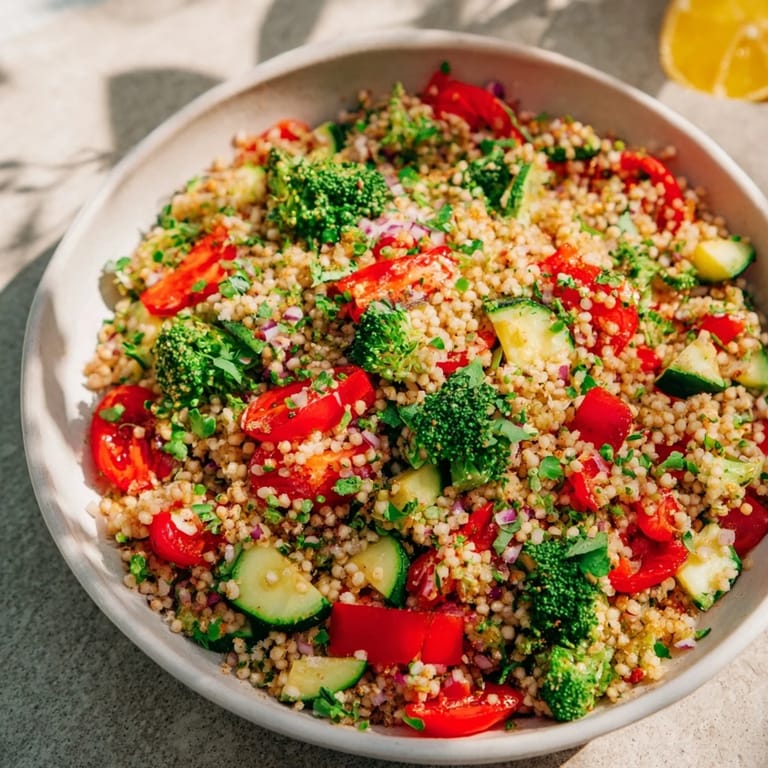 Close-up shot: cooked ditalini with air-fried vegetables, topped with Parmesan and fresh basil.