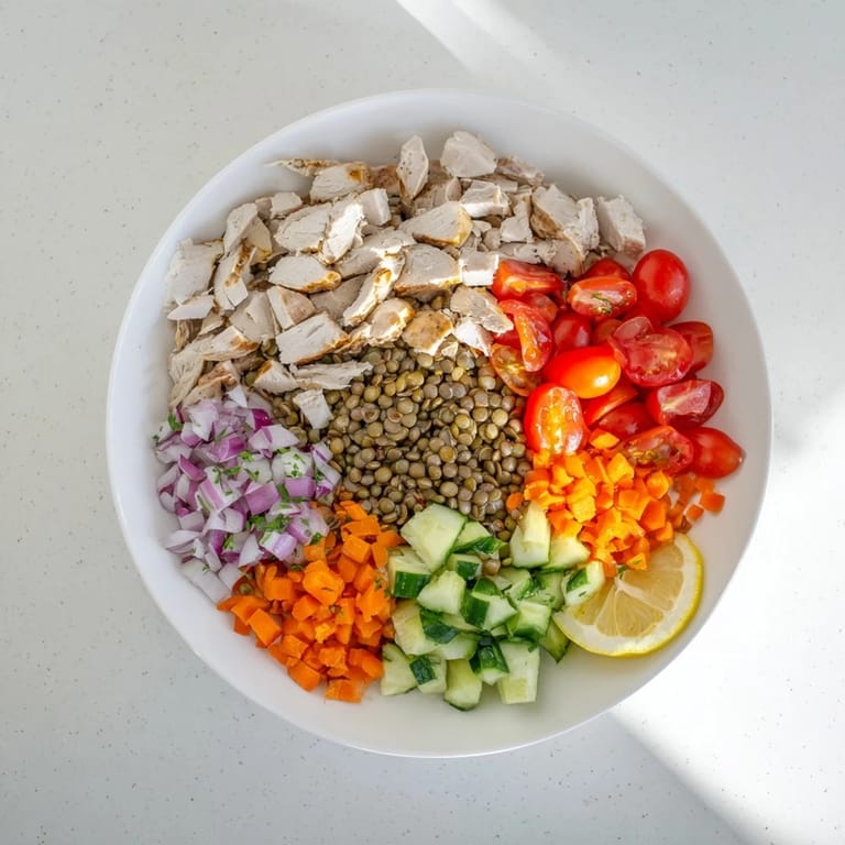 Hearty Chicken and Lentil Recession Salad with shredded chicken, a healthy and delicious cold meal.