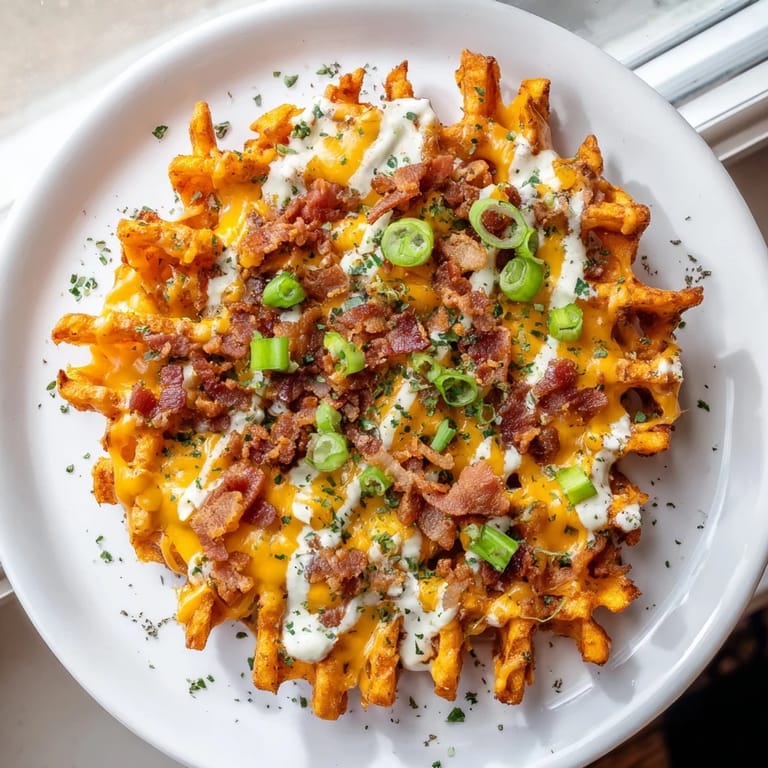 A close-up of Loaded Sweet Potato Fries, featuring melted cheese, bacon crumbles, and fresh green onions.