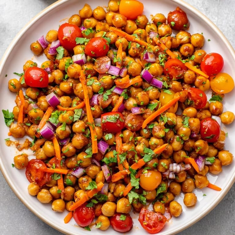 A close-up of a flavorful BBQ chickpea salad, tossed with fresh herbs and zesty dressing.