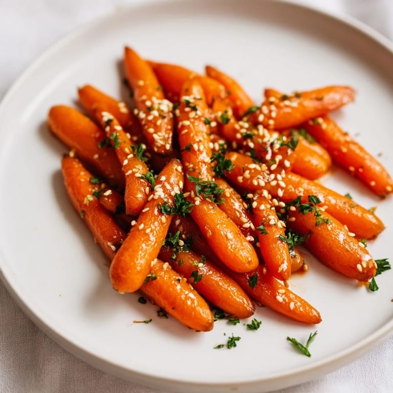 Vibrant arrangement of tender Honey Soy Roasted Carrots, garnished with sesame seeds and herbs.