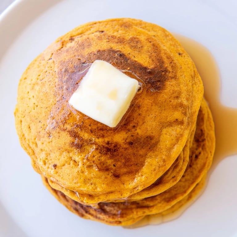 Warm, spiced pumpkin spice pancakes with fluffy textures, ready to be enjoyed with a hot drink.
