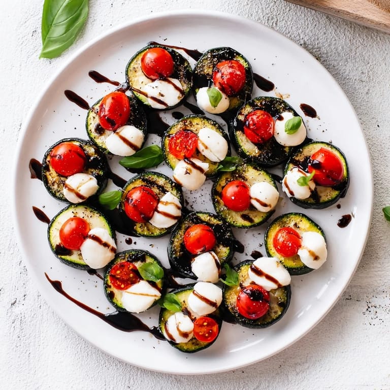 Perfectly baked Zucchini Caprese Bites, glistening with olive oil and topped with fresh basil, ready to serve.