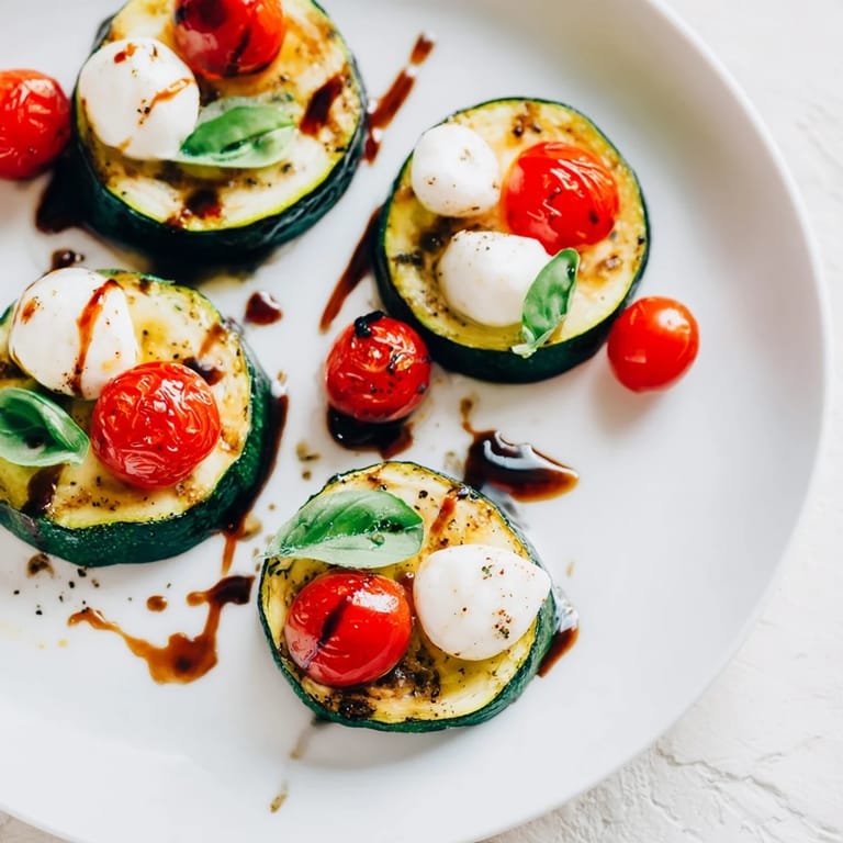 A close-up view of flavorful Zucchini Caprese Bites: tender zucchini, mozzarella, and cherry tomatoes.