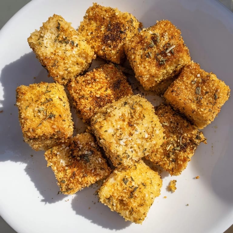 Close-up of freshly baked popcorn tofu bites, showing the seasoned, crunchy exterior and fluffy insides.