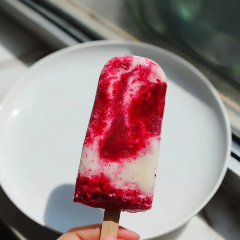 Refreshing, homemade Raspberry Coconut Ice Pops with bright red raspberry swirls and a chilled coconut cream.