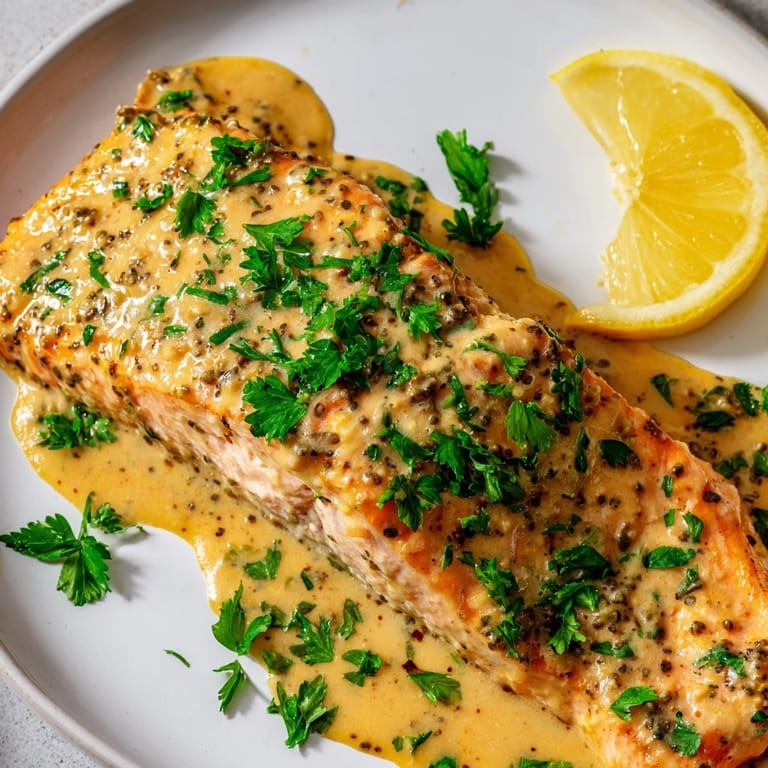 Oven-baked honey mustard salmon, a tender fillet coated in a sweet and savory glaze.