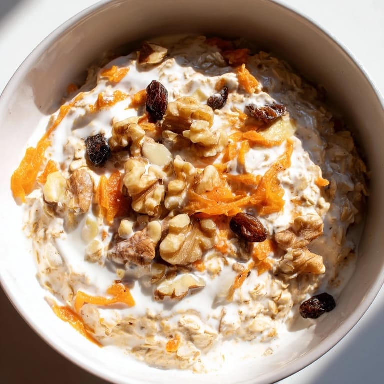Delicious Carrot Cake Overnight Oats in a mason jar, perfectly layered and ready to enjoy.