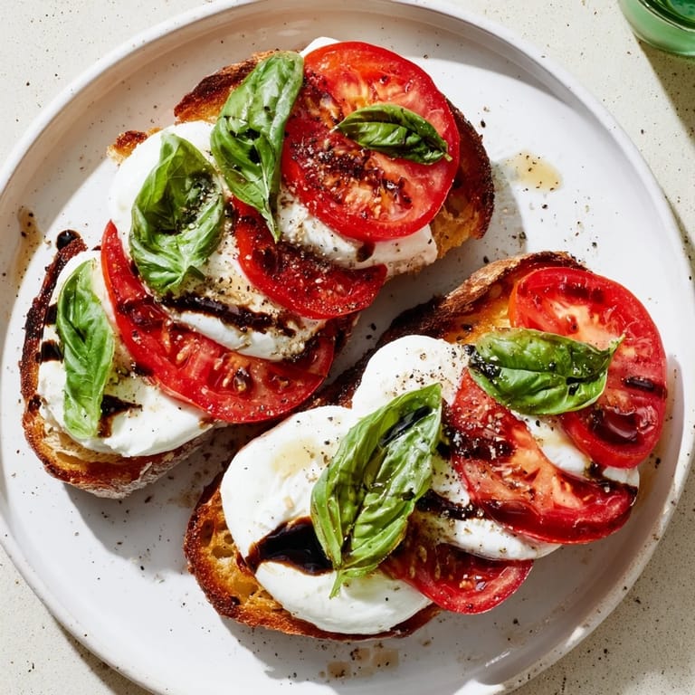 A close-up of a finished Tomato Burrata Toast, showcasing the vibrant colors and fresh basil garnish.