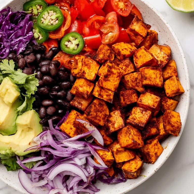 A close-up of vibrant sweet potato taco bowls, drizzled with lime dressing and fresh cilantro.