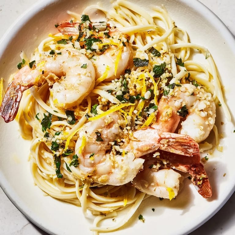 Enjoy a bowl of Lemon Herb Pasta with Shrimp, garnished with fresh herbs and lemon wedges.